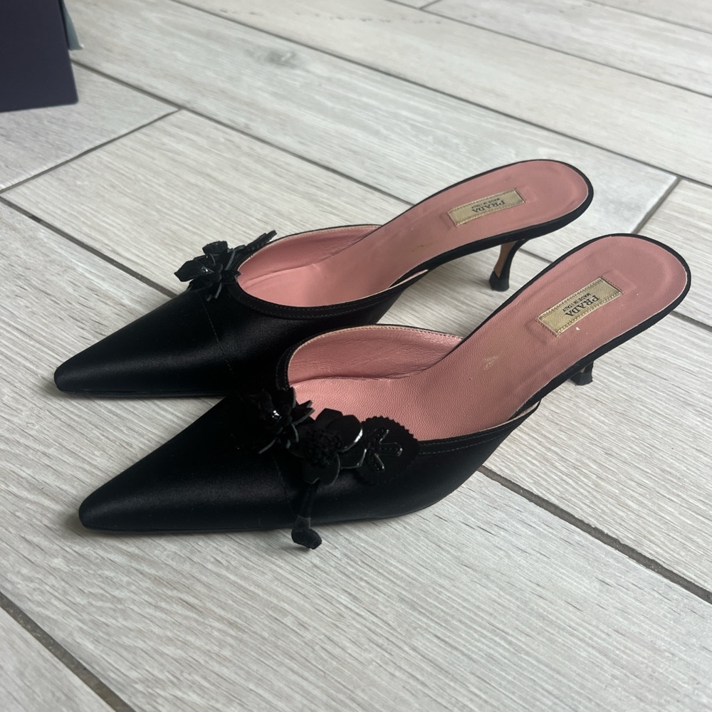 Prada Black Satin Mules with Floral Accents
